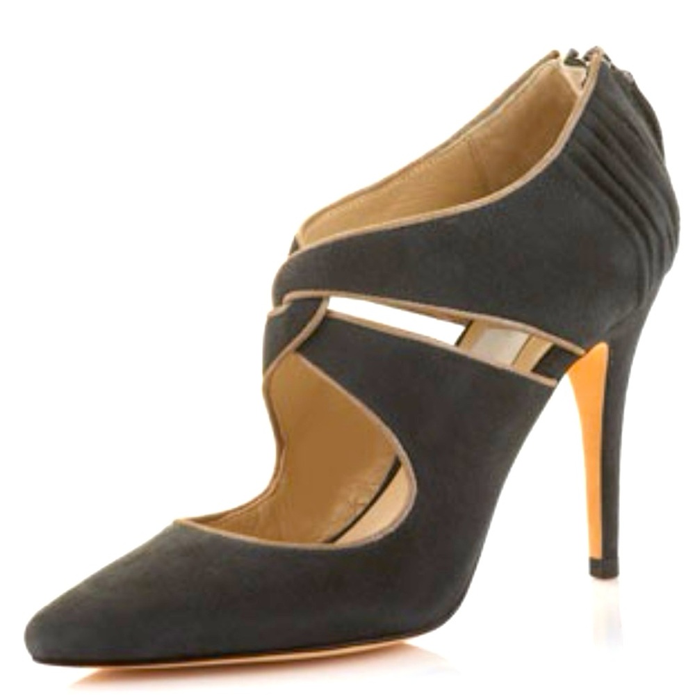 La Fenice Gray Suede Zip Back Heels, Size 7.5